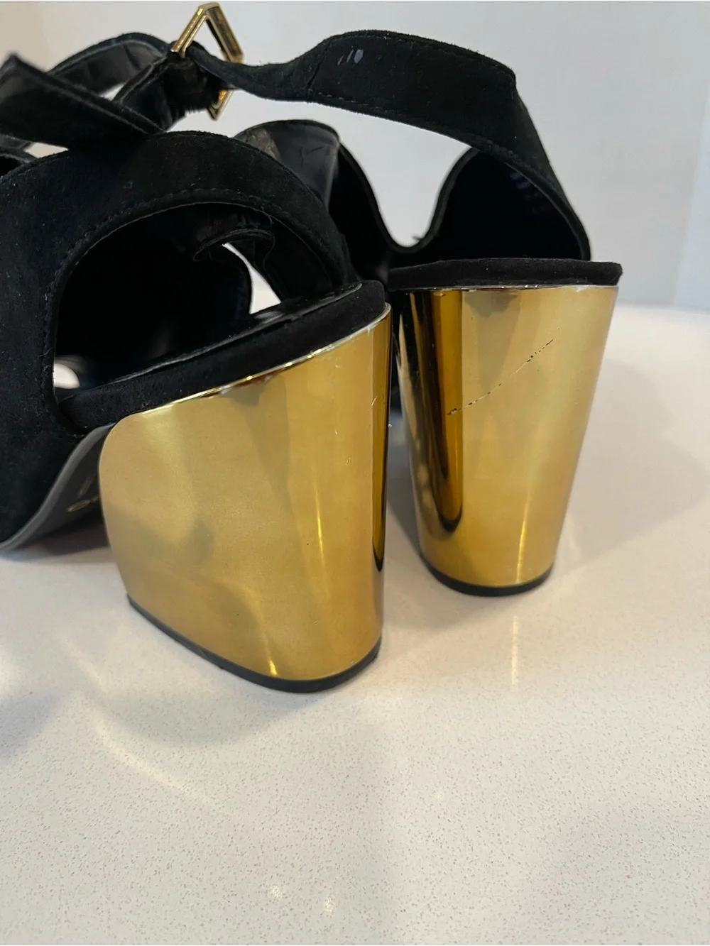 Aldo Black Suede Slingback Heels with Gold Geometric Block Heel size 5